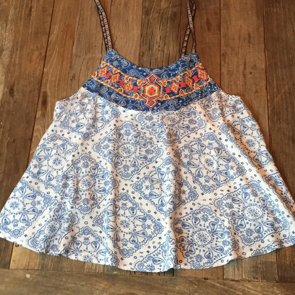 Flying Tomato Blue White Paisley Embroidered Tank